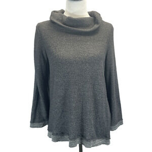 Maeve Anthropologie Gray Cowl Neck Soft Thermal Sweater Sz LP Lagenlook Raw Hem